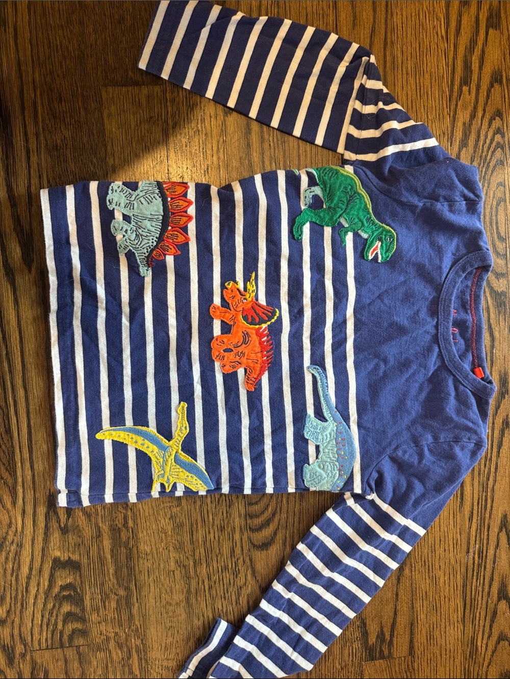 Kids Navy Blue Striped Dino Patch Long-Sleeve Top